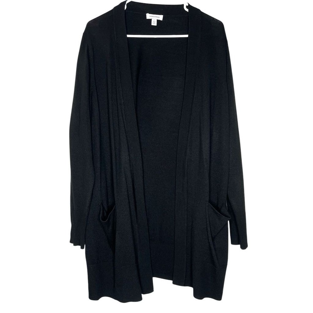 Nordstrom Black Merino Wool Blend Open Front Longline Cardigan Sweater Large